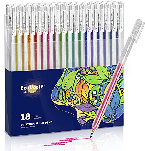 EooUooIP Glitzer Gelstifte, 18 Stück Gel Tintenstifte, Metallische Gelstifte mit schnell trocknender Tinte, Gelstift-Set, für Journaling, Färben, Zeichnen, Kritzeln, Büro, Schule