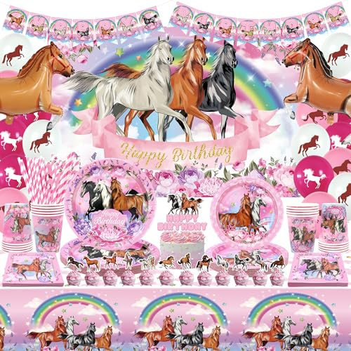 Obussgar Pink Horse Birthday Decorations - Cartoon Horse Party Supplies including Banner, Backdrop, Cake Toppers, Plates, Cups, Napkins, Balloons, Tablecloth for Girls Birthday - Serves 20