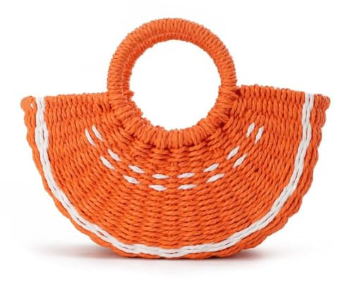 SUKUTU Bolsa de Paja de Playa con Forma de Sandía para Mujer Bolsa Redonda Tejida a Mano Asa de Verano