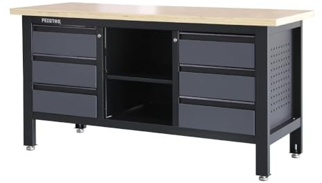 FEITSOS Werkstatteinrichtung Heros 3 | 169x60x87 cm Stahlbank | Werktisch & Arbeitsbank mit Holzplatte 38 mm | Werkbank inkl. 6 Schubladen zum organisierten Werken