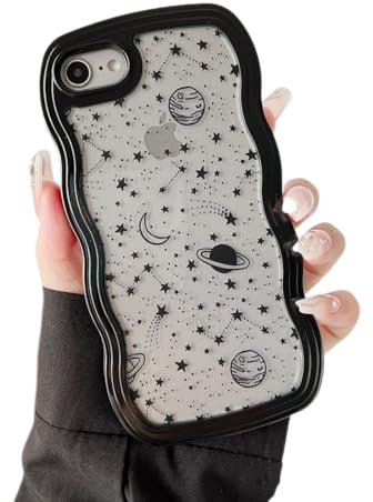 ZTOFERA Wavy Case for iPhone 7/8/SE 2020/SE 2022, Cute Clear Protective Case with Planet Star Moon Pattern, Hard PC Colored Wave Frame Soft Silicone Bumper Shockproof Cover for Girls Women, Black
