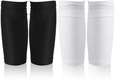 2 Paar Schienbeinschoner Socken, Atmungsaktiv Fußball Schienbeinschonerhalter Ärmel für Kinder Erwachsene Anfänger (Schwarz und Weiß)