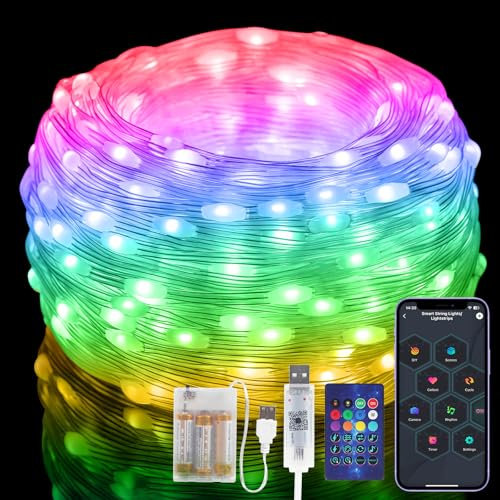 Electight 10M Striscia Luminosa RGB Smart IC Colorer per Natale, Smart Luci con 100 LEDs, IP65 Impermeabile, APP/Controllo Vocale per Interni ed Esterni, Feste, Camera da Letto, Batterie Incluse