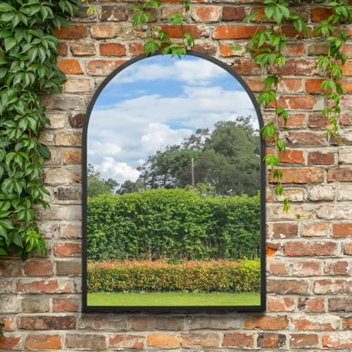 The Arcus - Black Metal Framed Arched Garden Wall Mirror 39 X 27 (100CM X 70CM). Suitable for Outside and Inside!