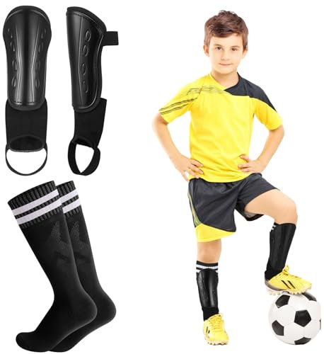Partideal Schienbeinschoner Kinder Fussball,Fussball Shin Guard mit 1Paar Fußballsocken, Verstellbaren Schienbeinschoner mit Knöchelschutz für ab 3-7 Jahre Jungen und Mädchen(Schwarz)