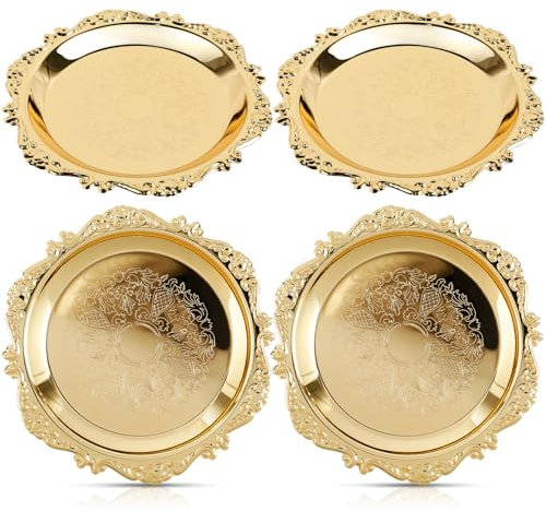 4Pcs Gold Round Tray, 10cm Retro Metal Iron Golden Plate, Decorative Jewelry Dish Tray, Vintage Hanging Wall Decor, Multifunction Serving Dish Plates for Small Cake, Snacks, Coffee,Sugar, Drinks