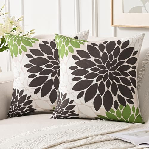 Jayusaror Kissenbezug 50x50 cm Braun und Grün Dahlien Sommer Sofakissen Herbst Deko Kissen Bezug Blumen Outdoor Kissenhülle für Couch Sofa Wohnzimmer Kissenbezüge, 2er Set