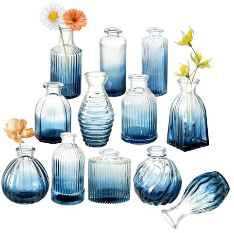 Juego de 12 jarrones de cristal azul degradado, jarrón vintage para decoración de pequeños jarrones acanalados a granel, bonitos centros de mesa, decoración de mesa, decoración del hogar