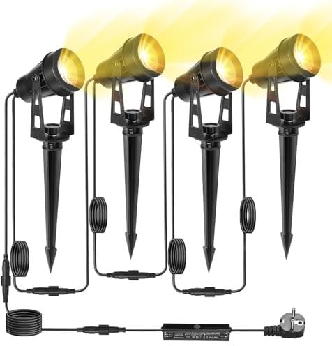HUAEU Illuminazione da Giardino 20 Metri 6 in 1 - Kit LED Esterno 3000K Bianco Caldo IP65 Impermeabile 12V con Spina, Luci da Terra per Percorsi, Terrazze, Alberi, Prati (Bianco Caldo, 4 IN 1)