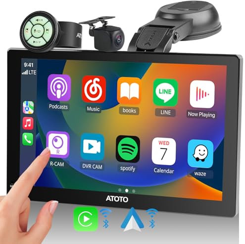 ATOTOEXCEL P5 Autoradio Portable CarPlay Voiture, Carplay sans Fil et Android Auto sans Fil, 7 Écran Tactile, avec MirrorLink, Navigation GPS, Caméra de Recul, Télécommande (7inch)