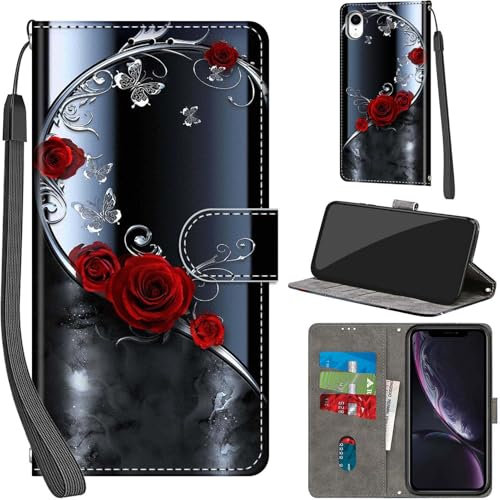 Haninsuze for iPhone XR 6.1-Inch Case PU Leather Wallet Book Flip Folio Stand View Magnetic Multi-Pattern Cover compatible with iPhone XR Phone Case (Sliver Butterfly)