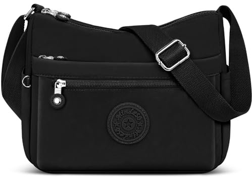 KTUEOV Umhängetasche Damen Mittelgroß, Leicht Schultertasche Damen aus Nylon Wasserdicht Crossbody Bag Verstellbare Breiter Gurt, Tasche mit 10 Vielen Fächern für Einkaufen Reisen Schule-Schwarz