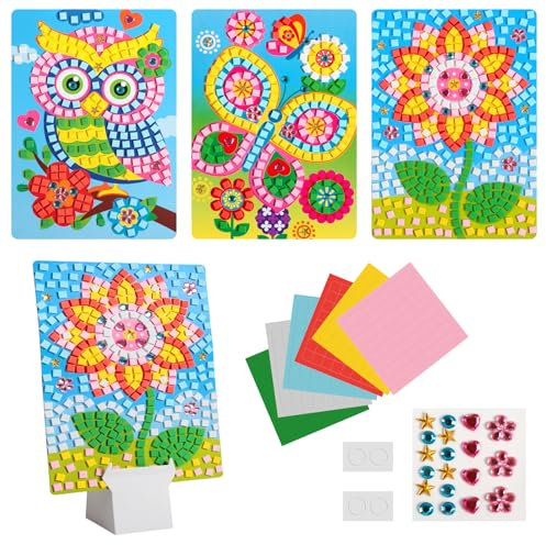 3 Stück Mosaik Bastelset Kinder, Mosaik Set Aufkleber Farben Moosgummi Bastelset Kinder 4 Jahre, Mosaik Klebebilder für Mädchen Jungen,Sticky Mosaics Blumen Schmetterling Eule DIY Diamanten Mosaike