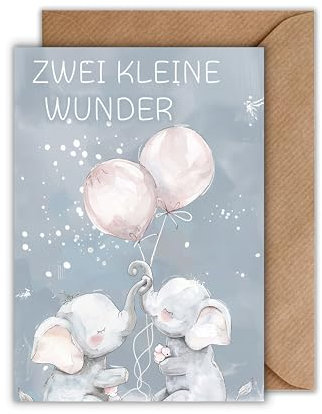 Glückwunschkarte zur Geburt von Zwillingen - Geschenkarte mit Umschlag Zwei kleine Wunder Zwillingsmädchen Babybarty Geburtsglückwunsch Babyglückwünsche Elefanten mit Lufballons Aquarell (DIN A6)
