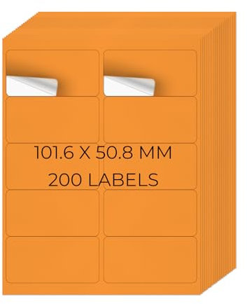 YIKIADA Neon Orange Universal Etiketten 50,8 × 101,6 MM Vinyl Selbstklebend Ablösbar Blanko Aufkleber Bedruckbar Namenaufkleber Büro Adressetiketten für Tintenstrahl- und Laserdruckern 200 Stück