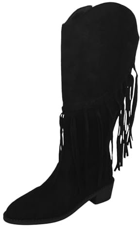 Stivali Cowboy Donna con Tacco Largo - Stivaletti in Pelle Scamosciata - Texani al Ginocchio con Tacco Open Toe