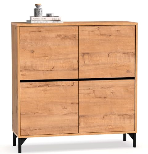 briebe Zapatero Entrada Recibidor, Mueble Auxiliar de Madera para Zapatos, 4 Puertas, 101x96,5x33 cm (Alto x Ancho x Profundo) 20 Pares Aproximadamente, Harmony Roble Gold