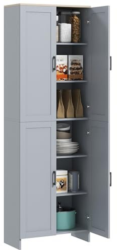 HOMCOM Freestanding Kitchen Cupboard, 4-Door Storage Cabinet with Adjustable Shelves, Modern Kitchen Pantry for Dining Room, 170cm, Grey