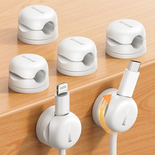 Lamicall [6 Pezzi] Clip per Cavo a Molla - [360° Rotazione Migliorata] Fermacavo Autoadesivo Senza Residui, Gestione Cavo per HDMI, USB, PC, TV, Casa, Cucina, Ufficio (8mm) - Bianco