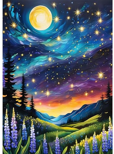 QQYRHN 5D Sternenhimmel Mond Diamond Painting Kit für Erwachsene Anfänger Grasland Wald Diamant Kunst Kits Vollständiges DIY Diamantstickerei-Set Perfekt zur Entspannung und Dekoration 30x40 cm