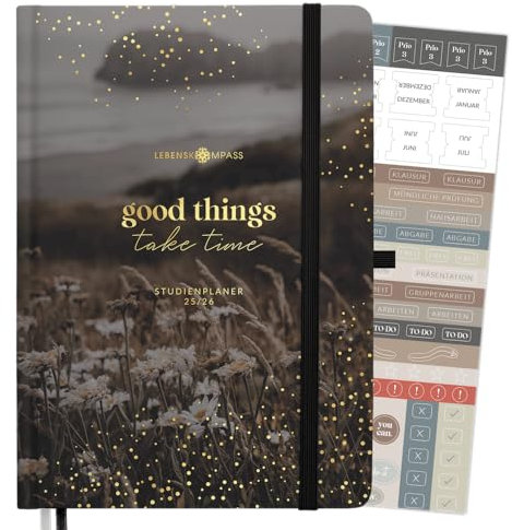 Lebenskompass® Studienplaner & Schülerkalender 2025 2026 A5 „Daisy“ - Semesterplaner für Uni & Studium |Terminplaner mit Stundenplan, Notenlisten, Reflexion | Hardcover mit Goldprägung