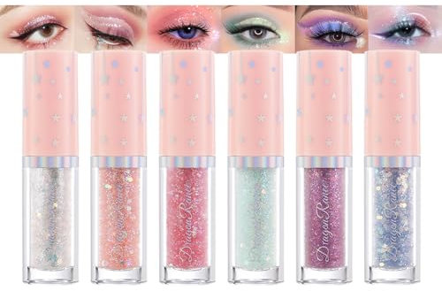 Glitzer Flüssige Lidschatten Set, 6 Farben Auffällig Liquid Eyeshadow mit Pailletten Funkeln, Schnell Trocknende & Glatte Schimmer Glitter Eyeshadow, Wasserfest & Langlebig Augen Makeup Set für Frauen