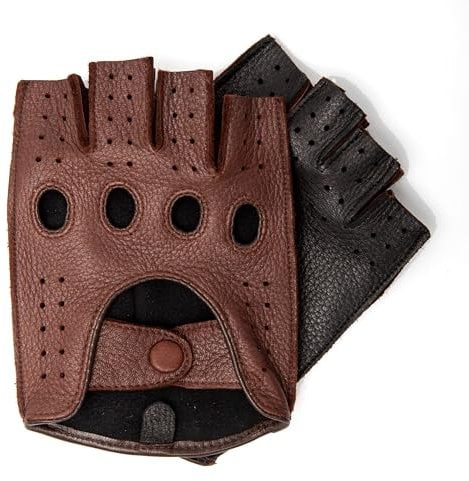 Hand Gewand by Weikert Hirschleder Herren Auto-Handschuhe, handgenäht, Fingerlose Autofahrerhandschuhe, ungefüttert, zweifarbig, halbfinger, Lederhandschuhe, Motorrad