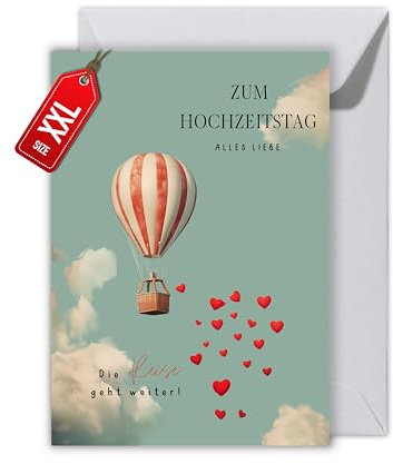 WBdesignz Jahrestag Hochzeit karte mit Umschlag - Geschenkkarte zum Hochzeutstag Zum Hochzeitstag Alles Liebe Ehe Heißluftballon Herzen Himmel Reise Glückwunschkarte Liebe Jubiläum (XXL DIN A4)