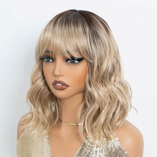 NOBLE Bob Wig Short Wigs for Women Bob Curly Wavy Hair Wigs with Bangs Heat Resistant 12 Inches Synthetic Wig for Cosplay Daily Use