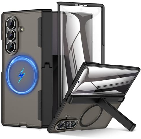 HWeggo for Samsung Galaxy Z Fold 7 Case with Kickstand & Front Screen Protector & Hinge Protection,Support Wireless Charging Translucent Military-Grade Hard Shockproof Cover,Black