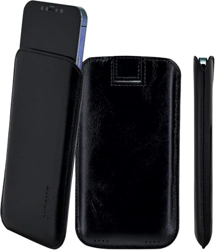 Suncase Original Leder Etui Hülle Tasche Ultra Slim Ledertasche Schutzhülle Case mit Rückzuglasche in schwarz kompatibel mit iPhone 17
