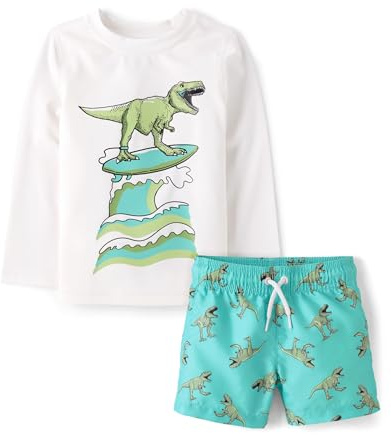 The Children's Place,Baby Boys,and Toddler Long Sleeve Rashguard and Swim Trunks, 2 Piece Set,Surfing Dino,5 Years