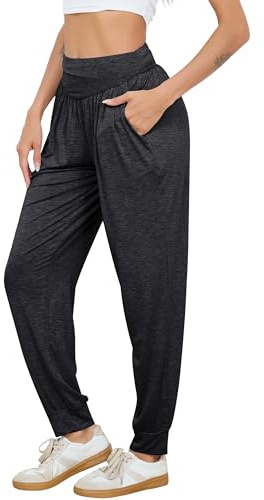 Vlazom Damen Yogahose Lang Modal Sporthose Einfarbig mit Hoher Taille Haremshose Pumphose Jogginghose Freizeithose Pilates Hose für Damen