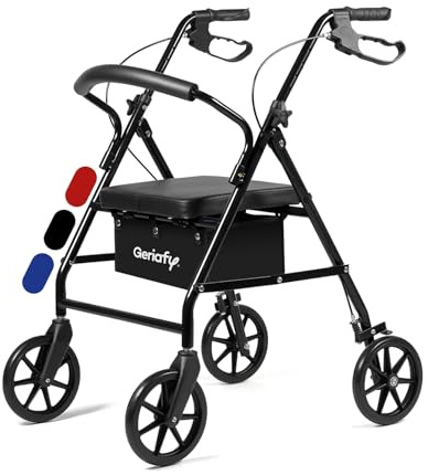 Geriafy Andador plegable Lambda Max con asiento y ruedas de 20 cm, Negro | Rollator de 4 ruedas XL con asiento y respaldo, cesto, frenos de maneta y altura regulable