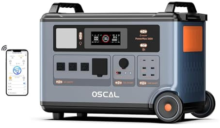 OSCAL PowerMax 3600W (7200W en crête) Station Electrique Portable, 3600Wh Capacité Extensible à 11520Wh, Batterie LFP, Charge en 1.2h, 14 Sorties, Power Station pour Camping, Voyage, Panne de Courant