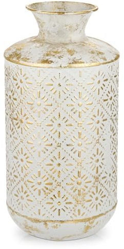 Blumenvase, 32CM Hohe Rustikale Weiß-Goldene Shabby-Chic Metallvase Dekovase für Blumengesteck, Trockenblumen, Esstisch, Büro Dekoration