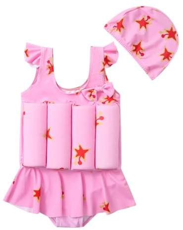 Floatsuit Kids Girls Swimming Costume One Piece with Skirt Ruffle Swimsuit with Floating Learning Swimwear Toddler with Swim Cap Cute Print Summer Training Bathing Suit Ages 3-7 Years (4-5 Years)
