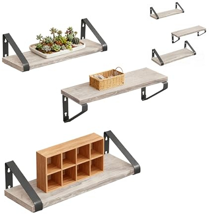 Relaxdays Wandregal, 6er Set, 3 Größen: 30, 35, 40 cm Breite, Holzoptik & Metall, Wandbretter für Bücher & Deko, Greige