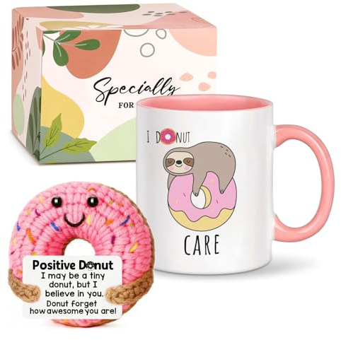 MEIMUCUL Donut Tasse Geschenkset,Tasse mit Spruch & Handgehäkelte Donut | Lustige Kaffeetasse mit Donut-Motiv,Positive Geburtstagsgeschenk für Teenager,Frauen,Mutmacher Geschenk mit Anti Stress Tasse
