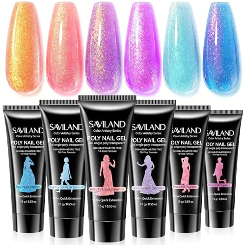 SAVILAND Kit d'ongles en polygel sans héma - Longue durée - 6 couleurs chatoyantes - Tenue de 28 jours - Nourrissant à l'huile de ricin - Idéal pour les débutants - Extensions d'ongles à faire