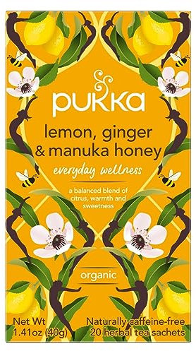 Pukka Tisane, Lemon, Ginger & Mauka Honey, Tisana Biologica Con Limone, Zenzero, Miele di Manuka, Con Ingredienti 100% Naturali, Ideale per il Supporto Quotidiano, 20 Filtri