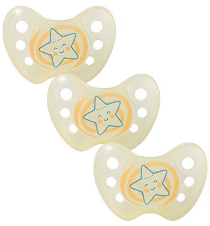 dentistar Night Silikon Schnuller 3er-Set - Größe 2, 6-14 Monate - Glow in the Dark Nuckel mit Dentalstufe – BPA-frei – Made in Germany - Stern, Gelb