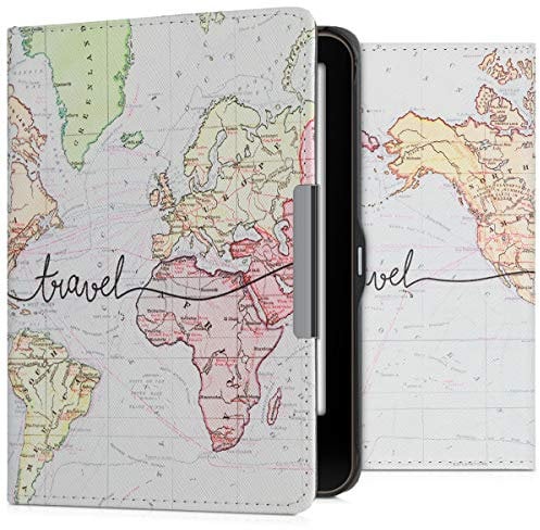 kwmobile Klapphülle kompatibel mit Tolino Vision 1/2 / 3/4 HD Hülle - eReader Case - Travel Schriftzug Schwarz Mehrfarbig