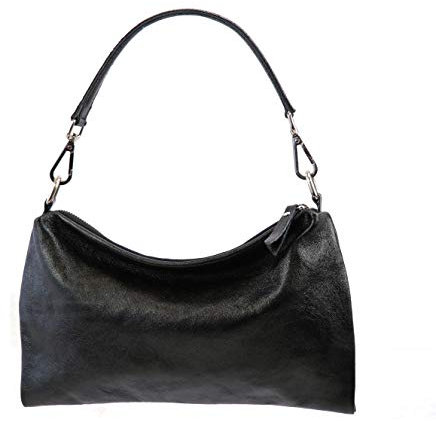 SH Leder Echtleder Umhängetasche mittelgroße schultertasche Abendtasche Clutch Crossbody Bag Messenger Handtasche mit Reißverschluss 33x20cm Lovelin G393 (Schwarz Metallic)