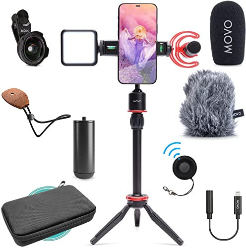 Movo iVlog1 iPhone Vlogging Kit - YouTube Starter Kit kompatibel mit Lightning - mit Jagdgewehrmikrofon, Mini-Stativ, LED-Licht, Weitwinkelobjektiv, Lightning Adapter -