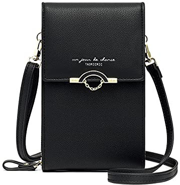 Katech Handytasche zum Umhängen, Handy Umhängetasche Damen PU mit Vielen Fächern und Kartenfächer, für Handy unter 6,7 Zoll (Schwarz)