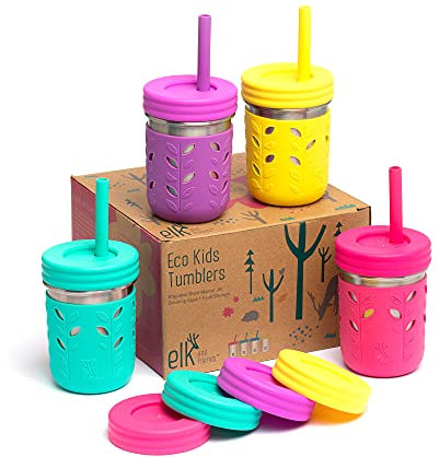 Elk and Friends Kids 10oz Stainless Steel Mason Jars + Sleeves + Lids | 4pk