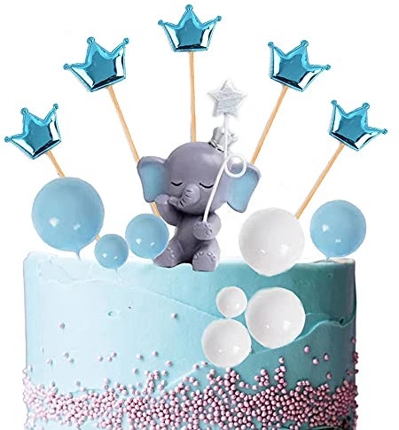 Morofme Blue Elephant Cake Topper mit Baby Elephant 14pcs, Pearl Balls Crown Cake Picks, Elephant Cake Dekoration für Elephant Theme Es ist ein Junge Kleine Erdnuss Baby Shower Birthday Party Supplies
