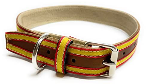 Collar de Cuero para Mascotas con Bandera de España | Collar de Piel para Perros (Cuello de 32 a 42 cms., Marrón España Lados)