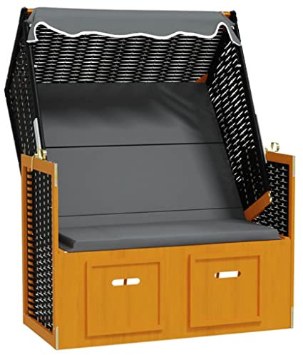 vidaXL Strandkorb mit Dach Gartenliege Volllieger Sonnenliege Sonneninsel Strandliege Zweisitzer Liege Strand Poly Rattan Massivholz Schwarz Anthrazit